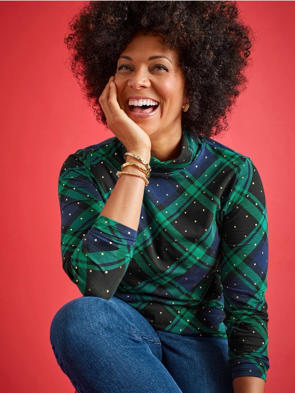 Talbots Black Watch Plaid & Gold Polka Dot Turtleneck
